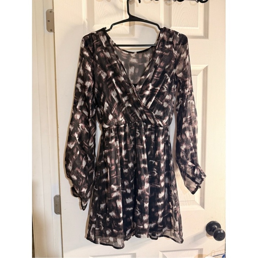 Abercrombie & Fitch Long Sleeve Chiffon Mini Dress Y2K Abstract Flared Sleeve XS